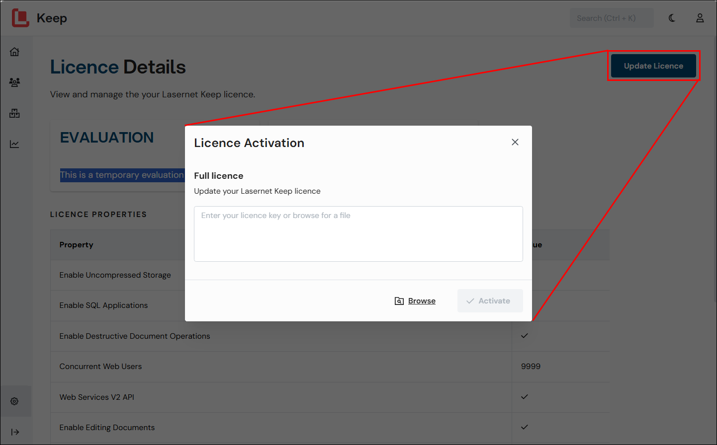 The position of the Update Licence button on the Licence Details page and the Licence Activation window is displayed.
